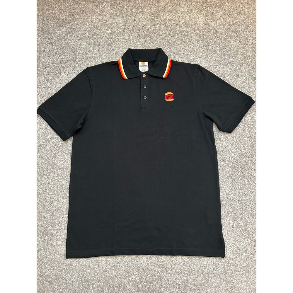 Burger King Polo Shirt Unisex Medium Black Excellent Striped Collar Uniform